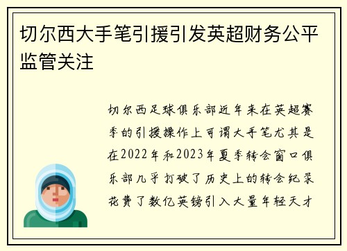 切尔西大手笔引援引发英超财务公平监管关注
